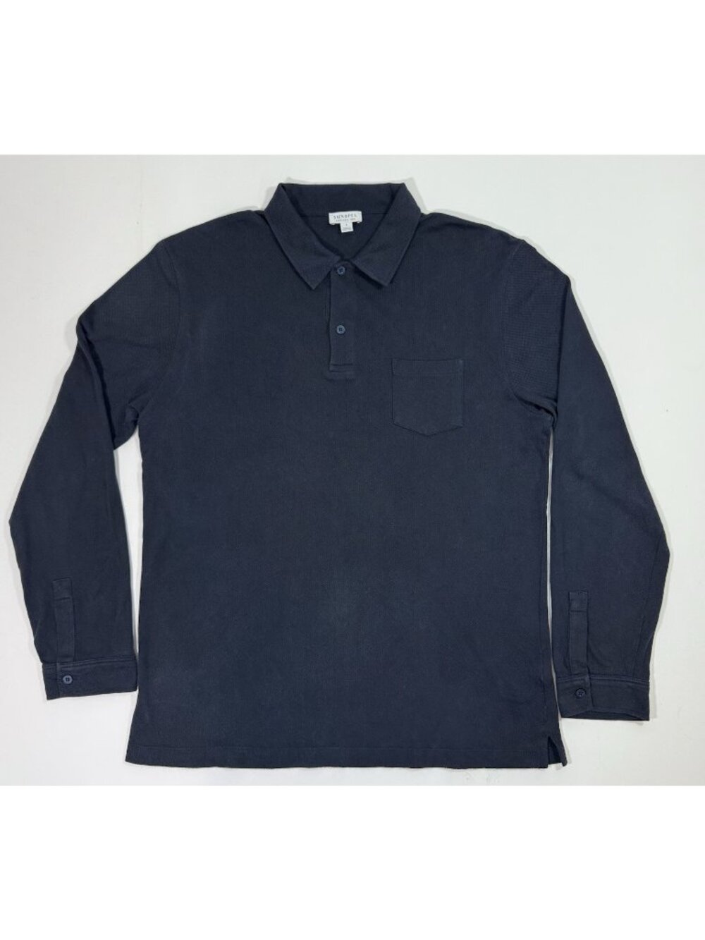 Sunspel England Mens Long Sleeve Polo Shirt Size Large Navy Blue Cotton